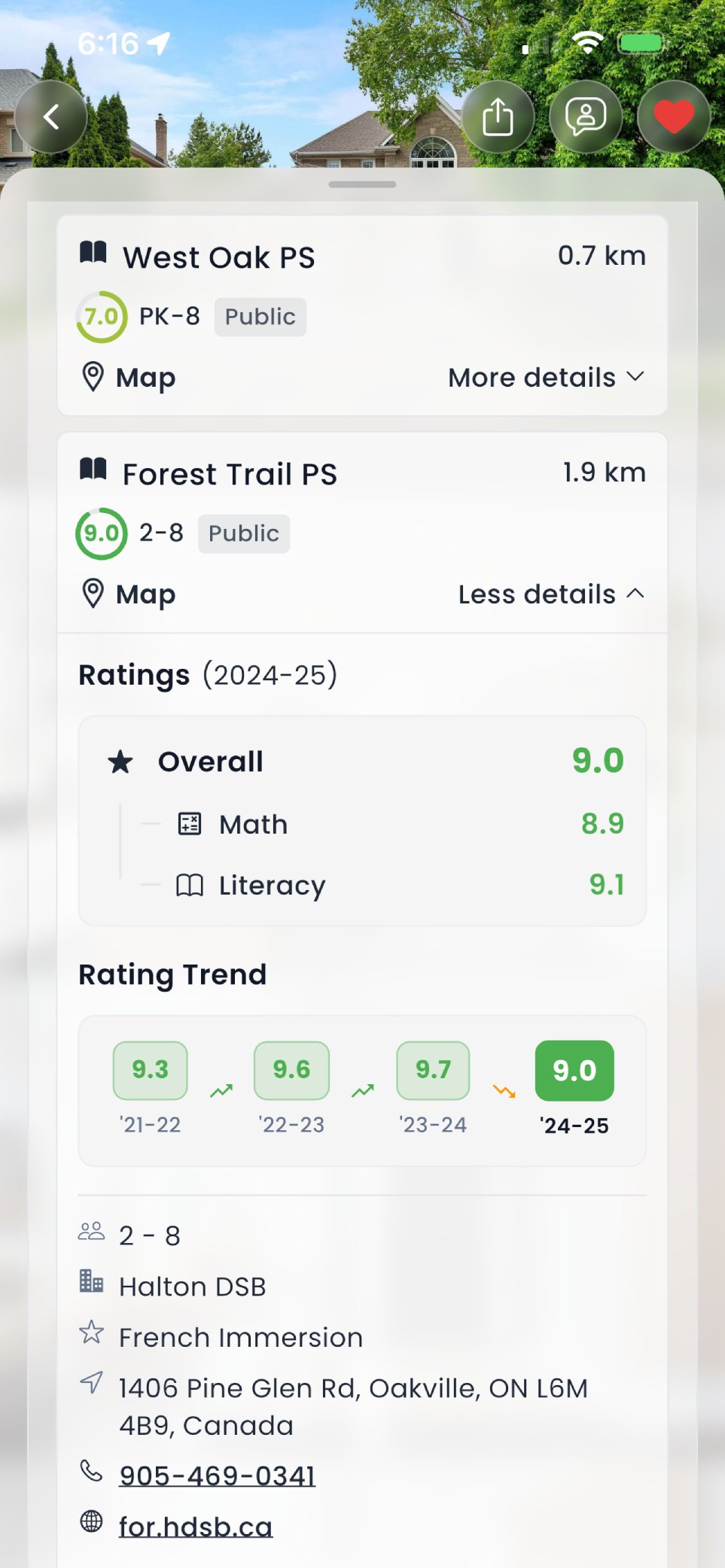 RealHunt mobile app — school ratings on a listing