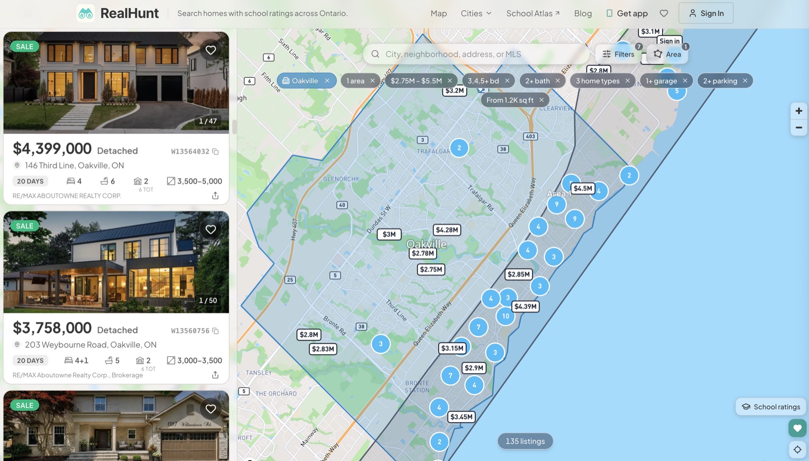 RealHunt — Ontario home search map with school ratings